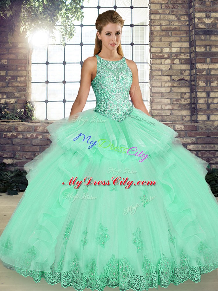 Apple Green Lace Up Vestidos de Quinceanera Lace and Embroidery and Ruffles Sleeveless Floor Length