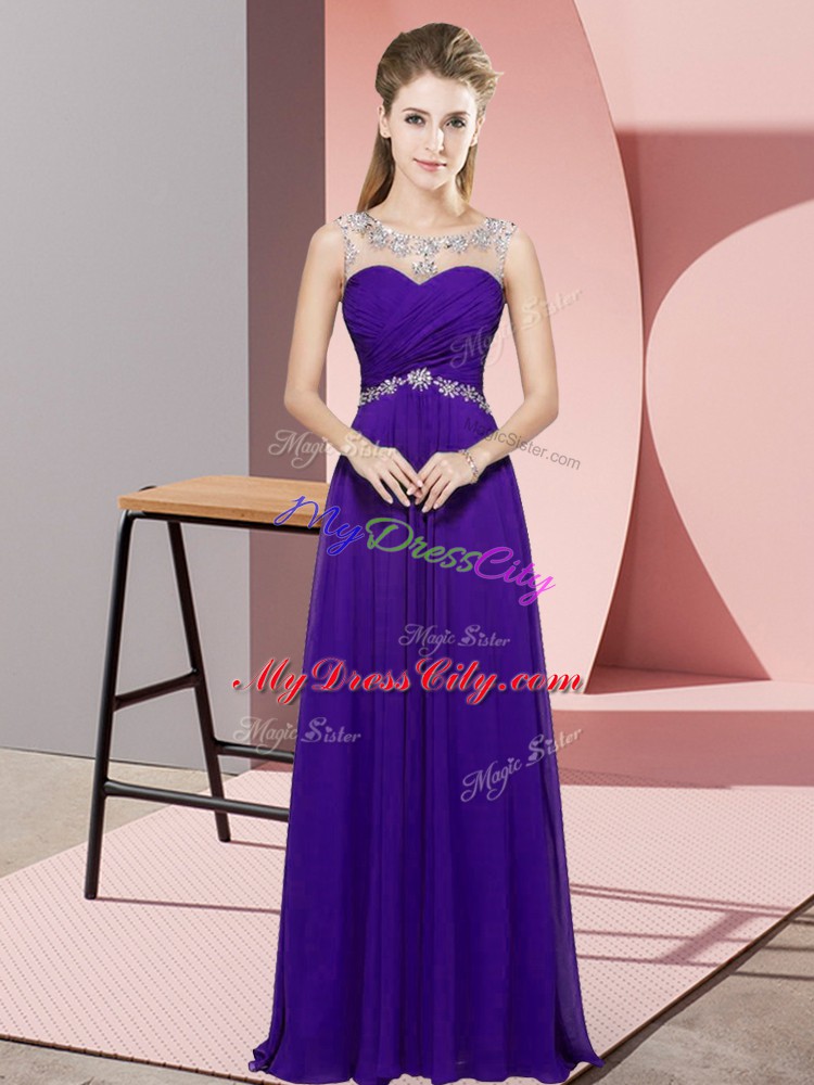 Elegant Purple Chiffon Backless Scoop Sleeveless Floor Length Prom Gown Beading