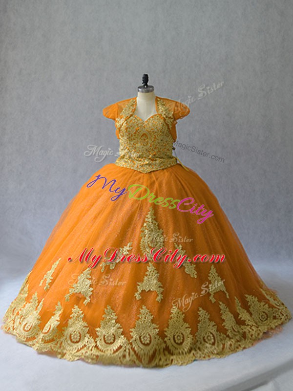 Sleeveless Court Train Appliques Lace Up Sweet 16 Quinceanera Dress