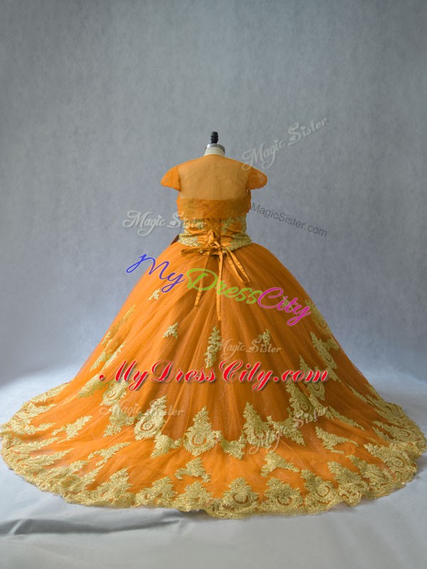 Sleeveless Court Train Appliques Lace Up Sweet 16 Quinceanera Dress