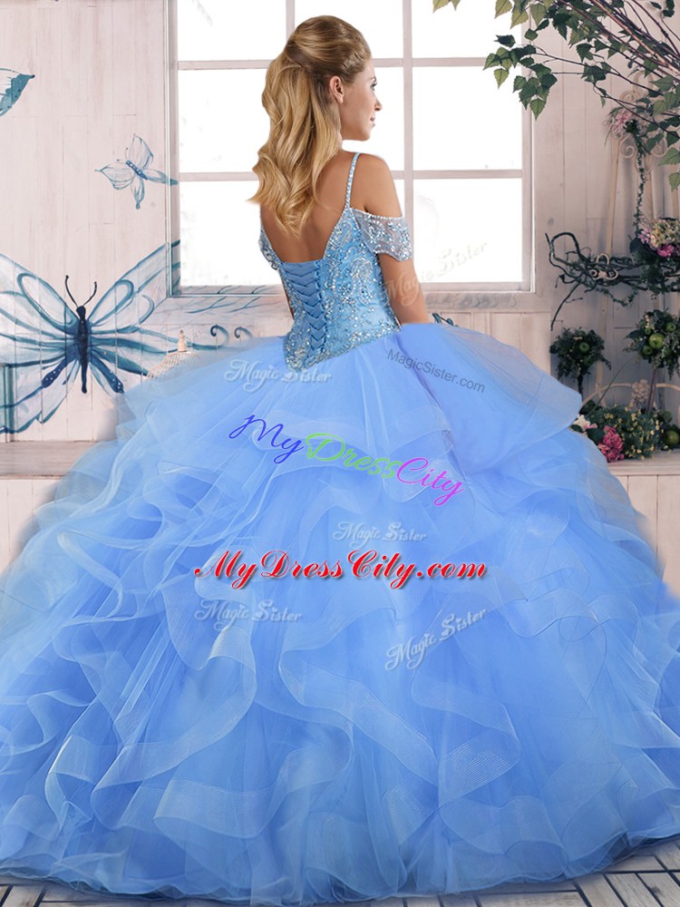 Floor Length Lace Up Vestidos de Quinceanera Rose Pink for Sweet 16 and Quinceanera with Beading and Ruffles