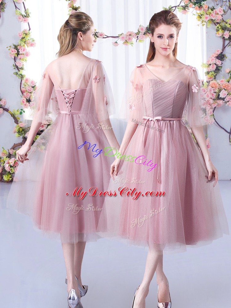 Fantastic Tea Length Lace Up Wedding Guest Dresses Pink for Wedding Party with Lace and Belt