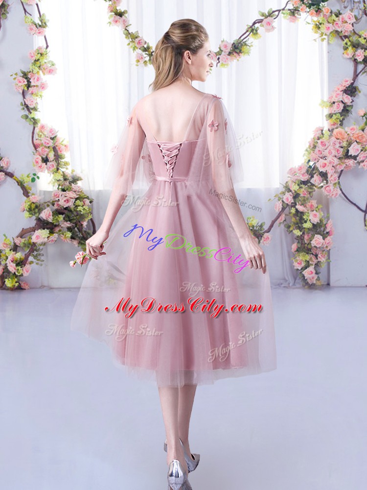 Fantastic Tea Length Lace Up Wedding Guest Dresses Pink for Wedding Party with Lace and Belt