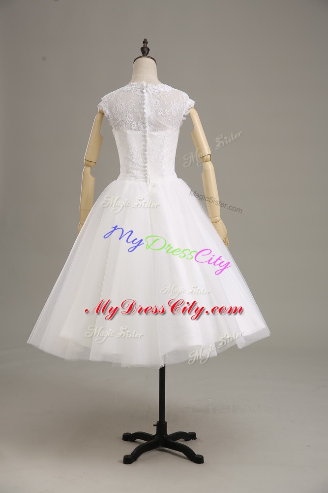 White Tulle Clasp Handle Scoop Short Sleeves Tea Length Wedding Gowns Lace and Belt