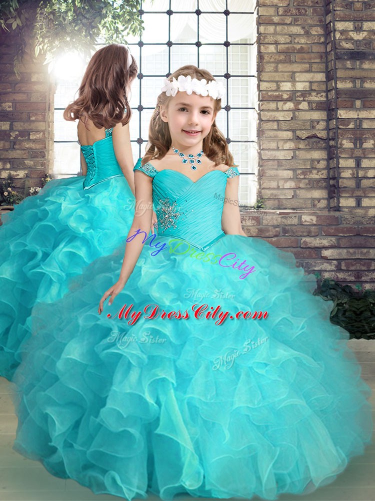 Excellent Sleeveless Lace Up High Low Beading and Ruffles Custom Made Pageant Dress