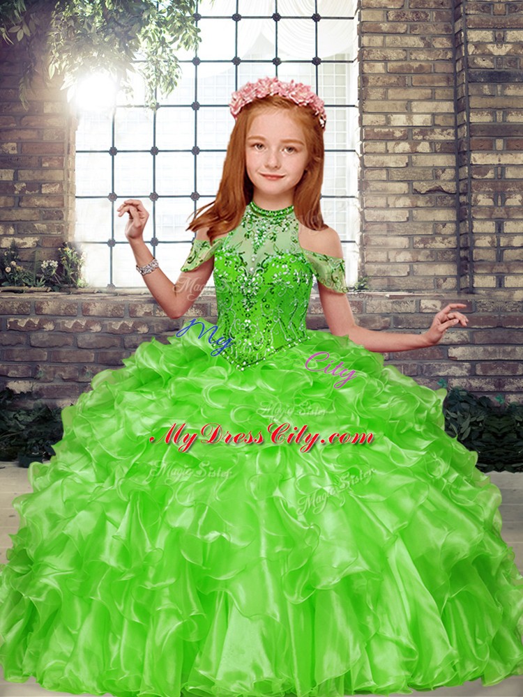 High-neck Sleeveless Organza Little Girls Pageant Gowns Beading and Ruffles Lace Up