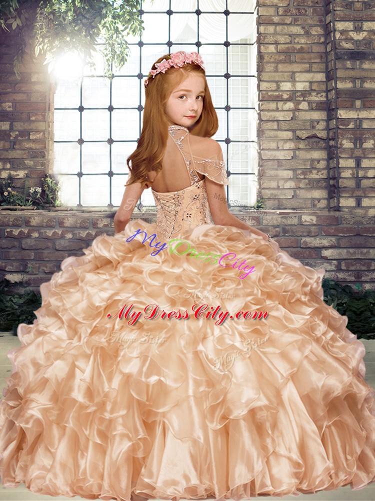 High-neck Sleeveless Organza Little Girls Pageant Gowns Beading and Ruffles Lace Up