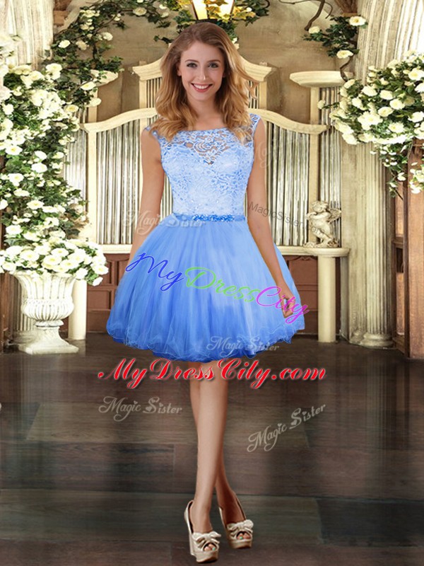 High Class Blue Ball Gowns Lace Prom Party Dress Zipper Tulle Sleeveless Mini Length