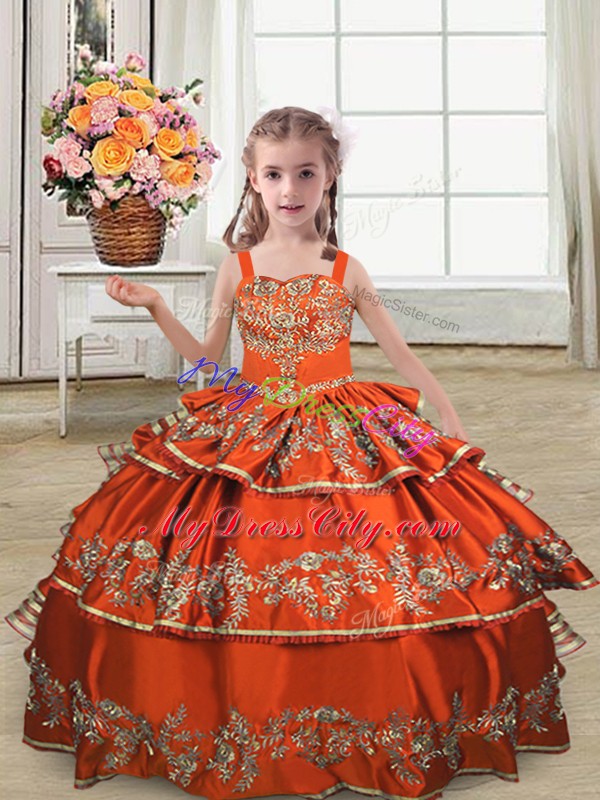 Rust Red Lace Up Little Girls Pageant Gowns Embroidery and Ruffled Layers Sleeveless Floor Length
