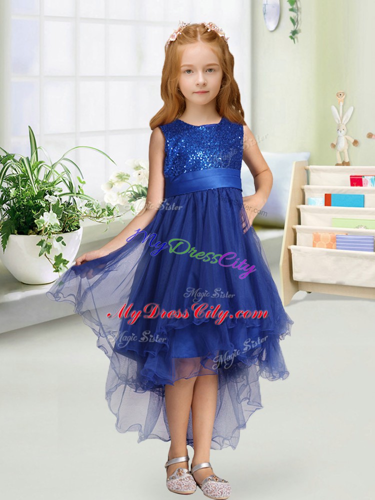 Classical Royal Blue A-line Scoop Sleeveless Organza High Low Zipper Sequins and Bowknot Flower Girl Dresses