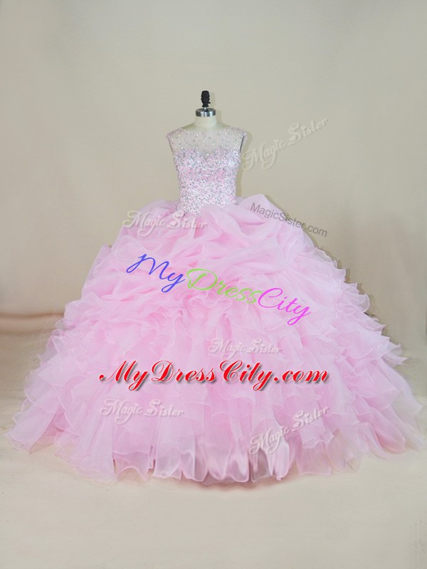 Superior Pink Sleeveless Beading and Ruffles Backless Quinceanera Dress