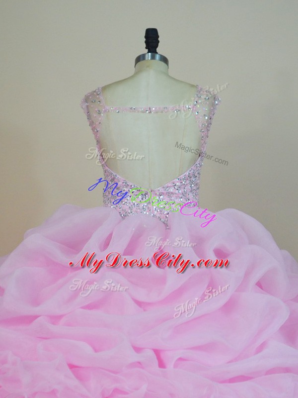 Superior Pink Sleeveless Beading and Ruffles Backless Quinceanera Dress