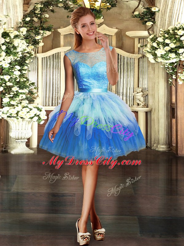 Elegant Sleeveless Floor Length Lace and Ruffles Lace Up Vestidos de Quinceanera with Multi-color