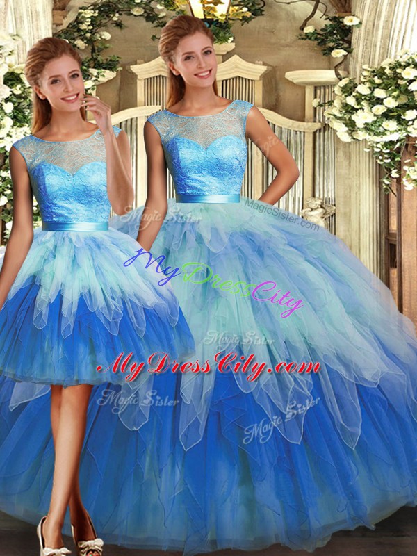 Elegant Sleeveless Floor Length Lace and Ruffles Lace Up Vestidos de Quinceanera with Multi-color