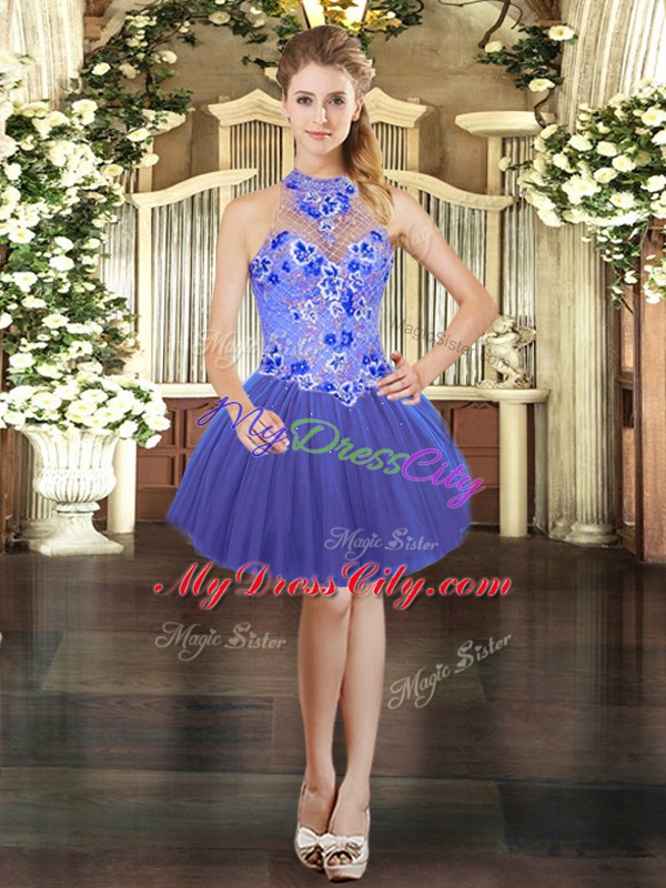 Lovely Halter Top Sleeveless Lace Up Prom Gown Blue Tulle