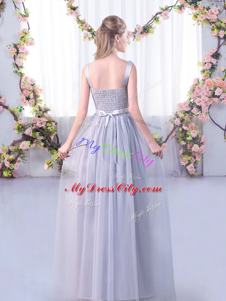 Sleeveless Tulle Floor Length Side Zipper Quinceanera Court of Honor Dress in Light Blue with Lace and Belt