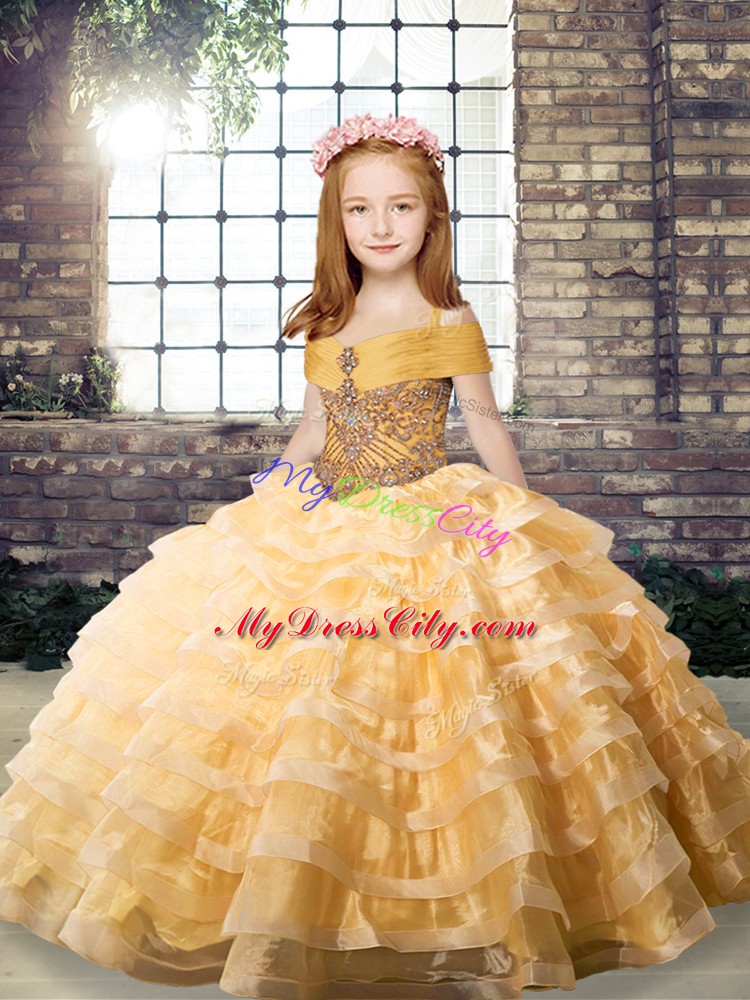 Latest Orange Ball Gowns Organza Straps Sleeveless Beading and Ruffled Layers Lace Up Pageant Dress Toddler Brush Train