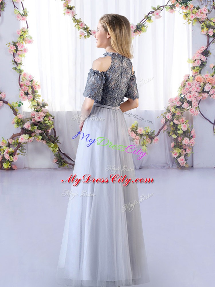 Great Off The Shoulder Short Sleeves Zipper Quinceanera Dama Dress Grey Tulle