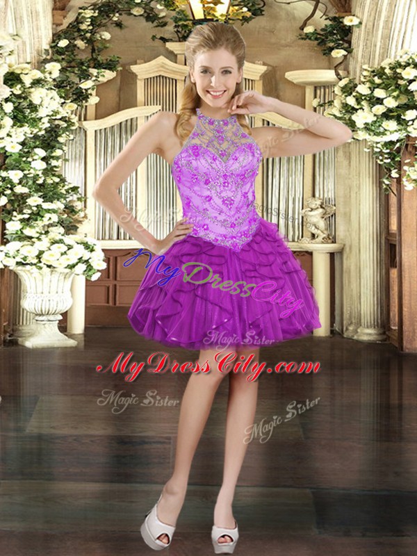 Flirting Purple Halter Top Lace Up Beading and Ruffles Dress for Prom Sleeveless