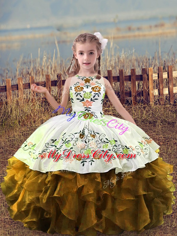 Brown Ball Gowns Embroidery and Ruffles Pageant Dress for Teens Lace Up Organza Sleeveless Floor Length
