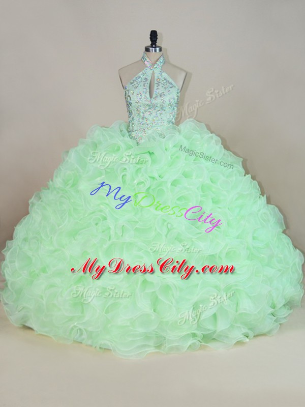 Fine Beading and Ruffles Quinceanera Gowns Apple Green Lace Up Sleeveless