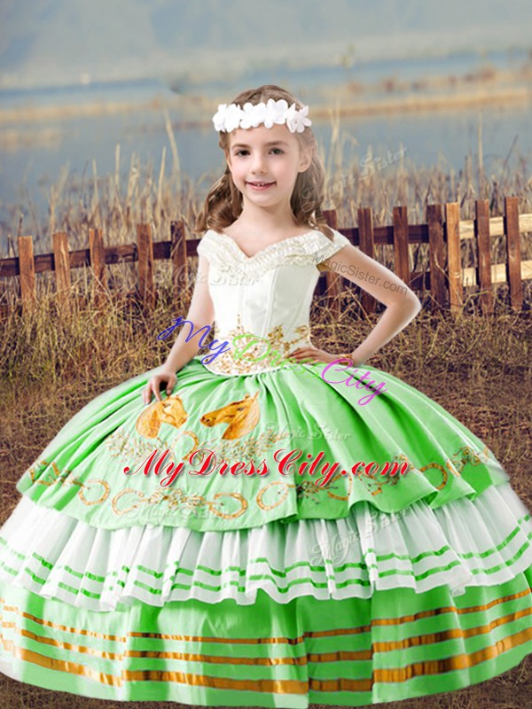 Best Floor Length Little Girl Pageant Dress Off The Shoulder Sleeveless Lace Up