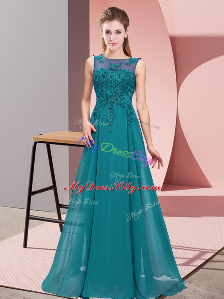 Hot Sale Sleeveless Floor Length Beading and Appliques Zipper Wedding Guest Dresses with Teal