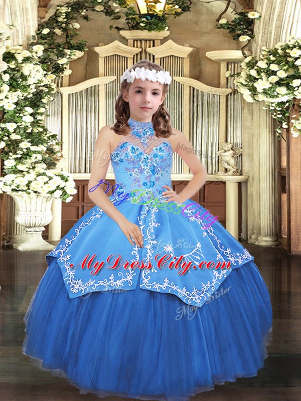 New Arrival Blue Sleeveless Floor Length Embroidery Lace Up Child Pageant Dress