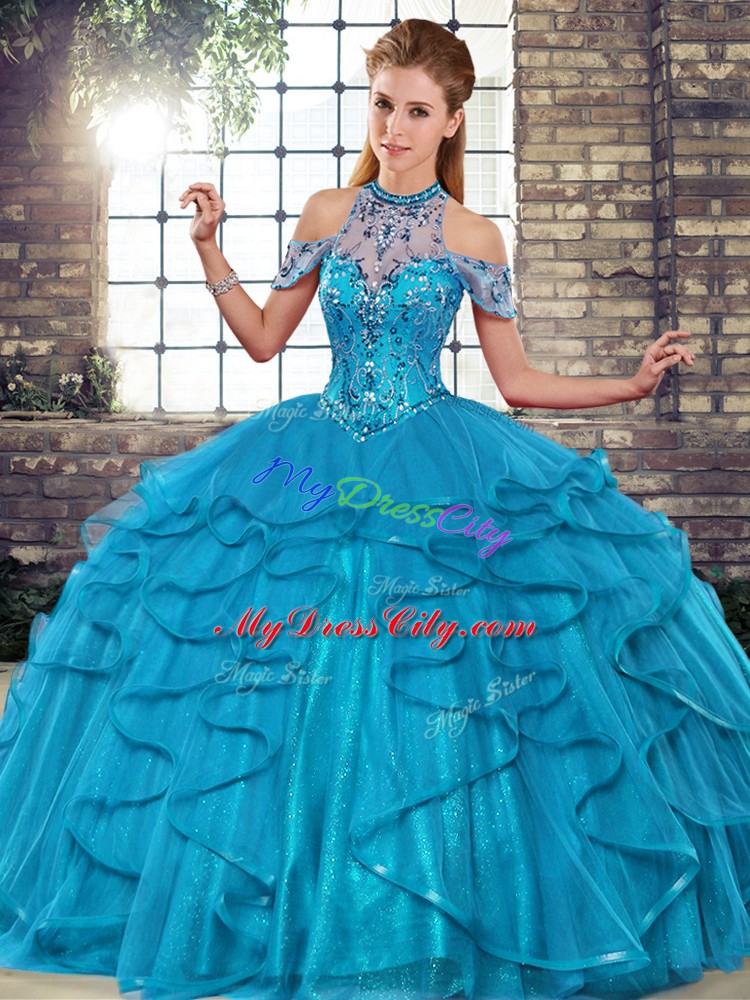 Artistic Blue Lace Up Quinceanera Dress Beading and Ruffles Sleeveless Floor Length