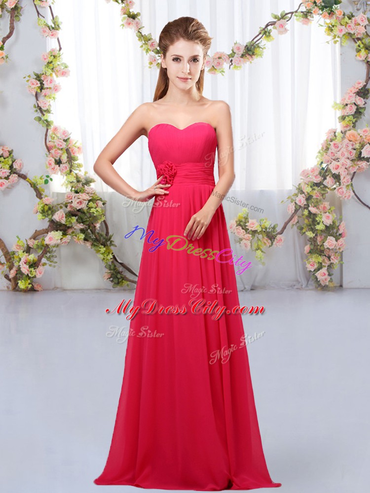 Classical Floor Length Hot Pink Damas Dress Chiffon Sleeveless Hand Made Flower