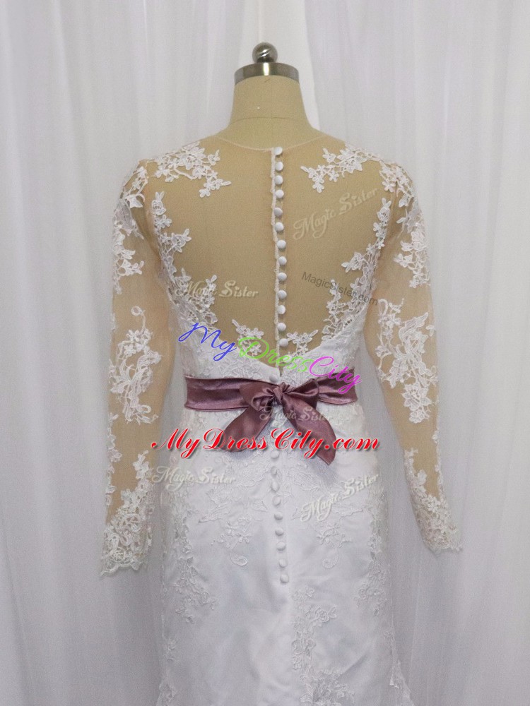 Discount White Long Sleeves Lace and Belt Clasp Handle Wedding Gowns