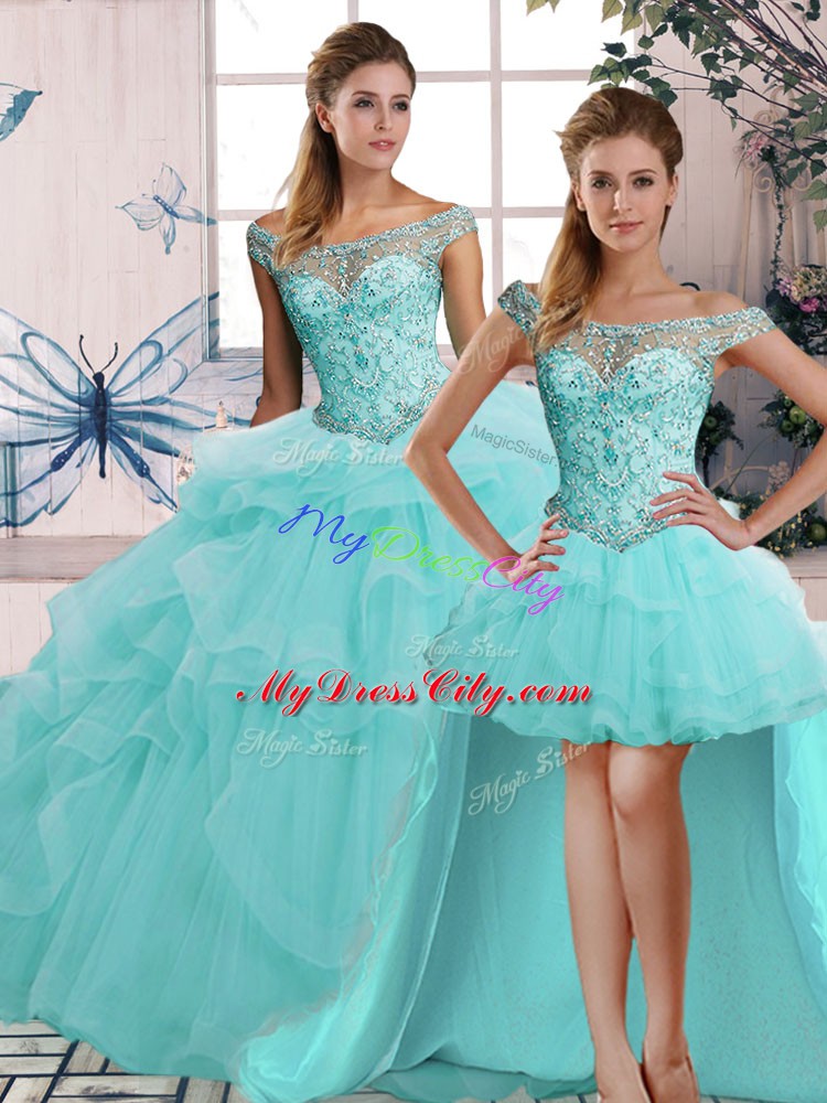 Aqua Blue Tulle Lace Up Ball Gown Prom Dress Sleeveless Floor Length Beading and Ruffles
