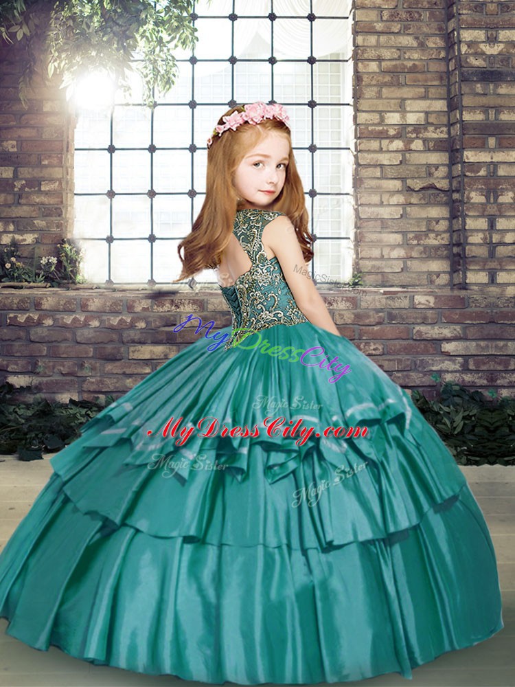 New Arrival Sleeveless Taffeta Floor Length Lace Up Little Girl Pageant Dress in Purple with Beading