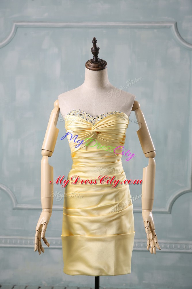 Yellow Sleeveless Mini Length Beading and Ruching Side Zipper Prom Evening Gown