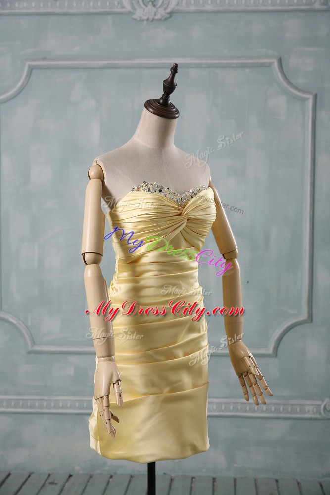 Yellow Sleeveless Mini Length Beading and Ruching Side Zipper Prom Evening Gown
