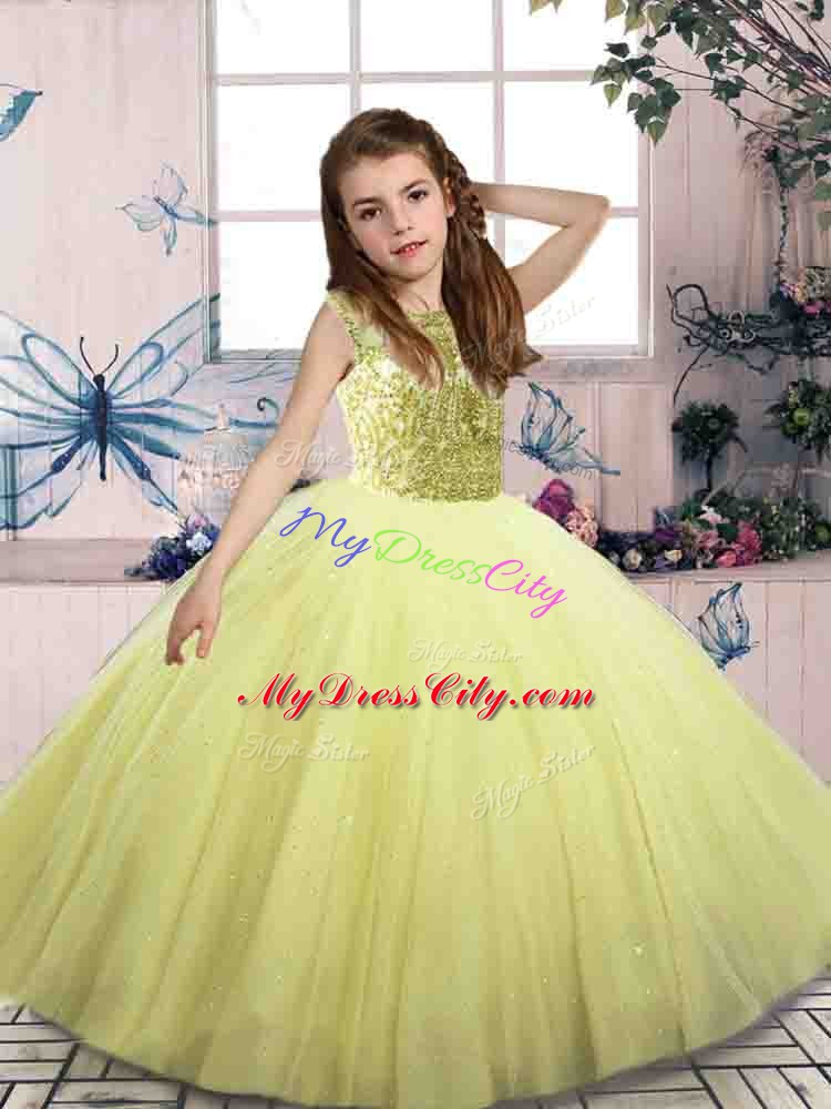 Yellow Green Lace Up Pageant Dress for Teens Beading Sleeveless Floor Length