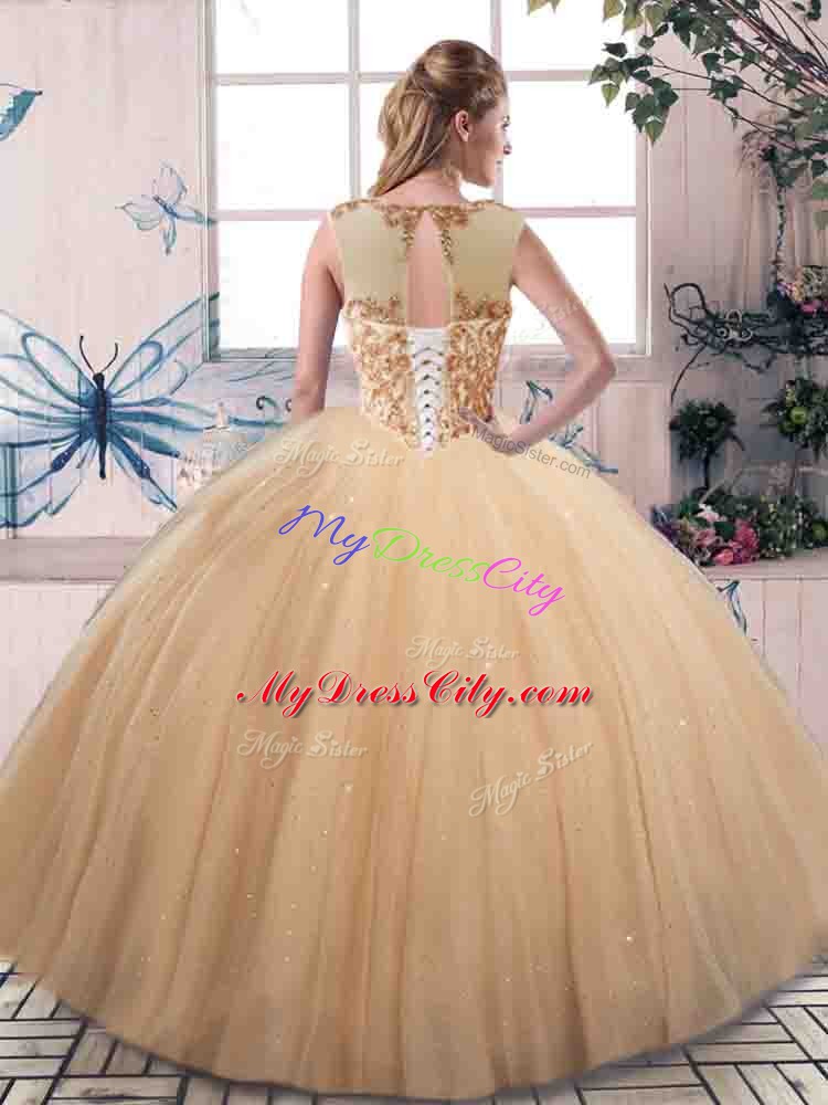 Ball Gowns Vestidos de Quinceanera Scoop Tulle Sleeveless Floor Length Lace Up