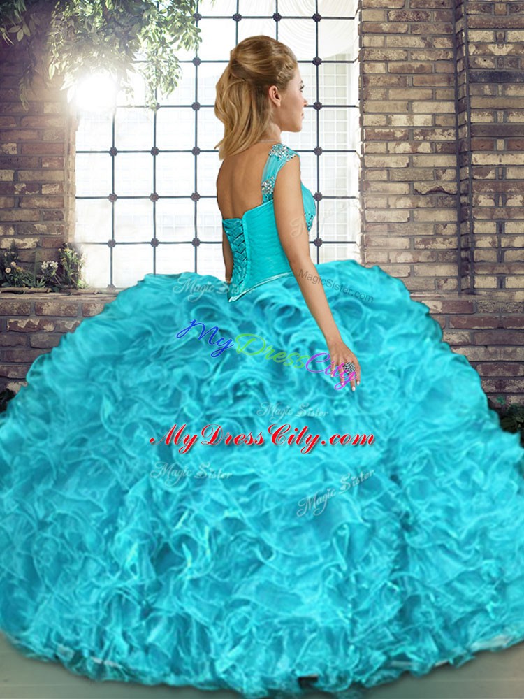 Turquoise Off The Shoulder Lace Up Beading and Ruffles Quince Ball Gowns Sleeveless