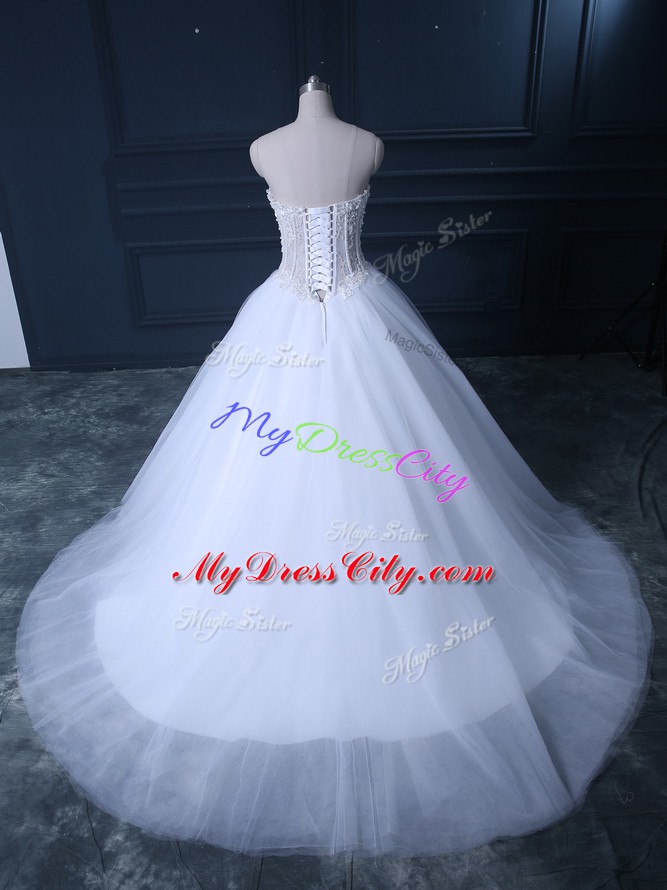 Beauteous White Sleeveless Tulle Brush Train Lace Up Wedding Dresses for Wedding Party