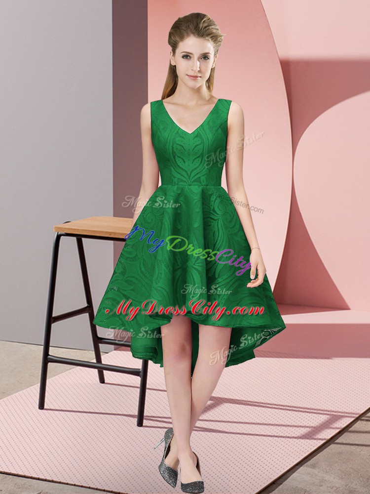 Dark Green V-neck Zipper Lace Wedding Party Dress Sleeveless