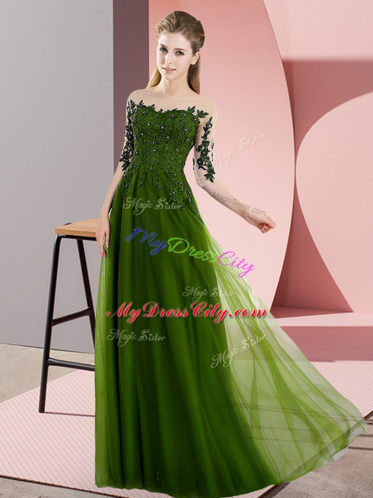 Olive Green Empire Chiffon Bateau Half Sleeves Beading and Lace Floor Length Lace Up Bridesmaids Dress