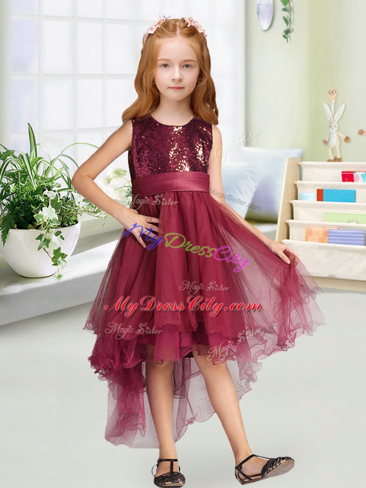 Most Popular Sequins and Bowknot Toddler Flower Girl Dress Burgundy Zipper Sleeveless High Low