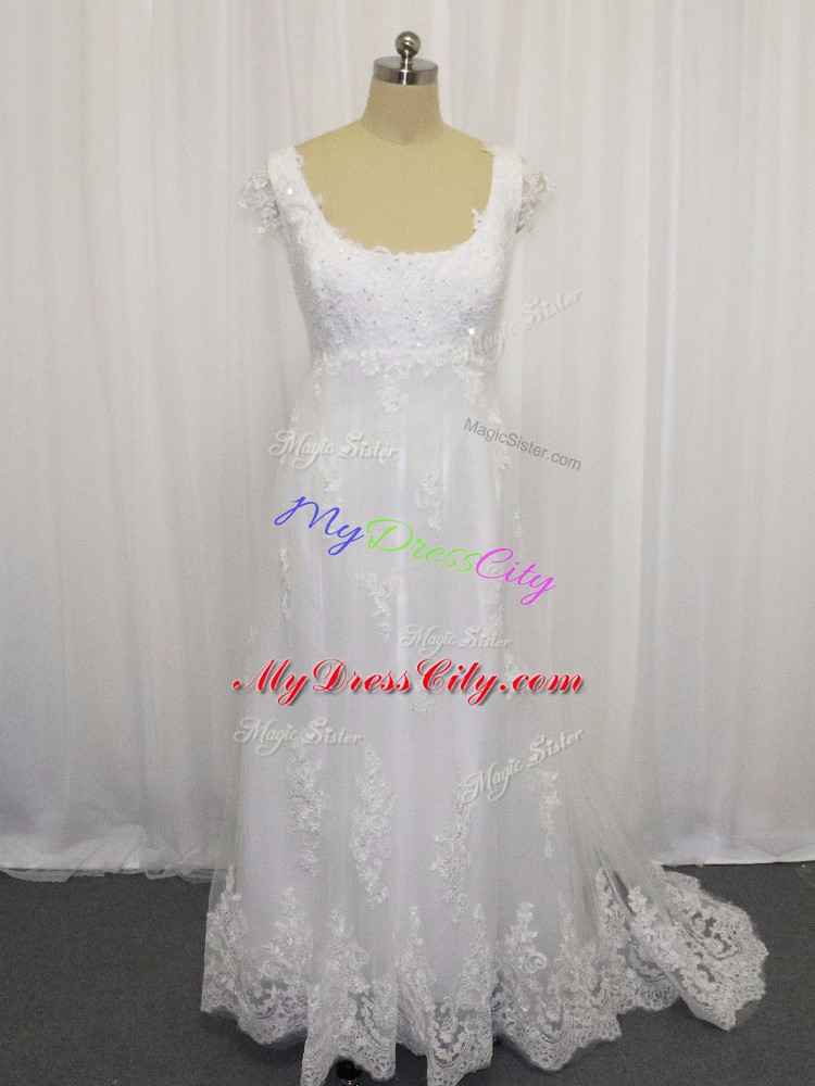 Cheap White Cap Sleeves Sweep Train Beading and Lace Wedding Gowns