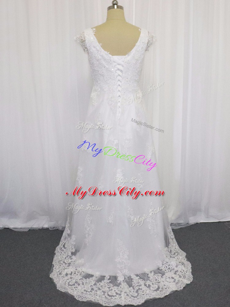 Cheap White Cap Sleeves Sweep Train Beading and Lace Wedding Gowns