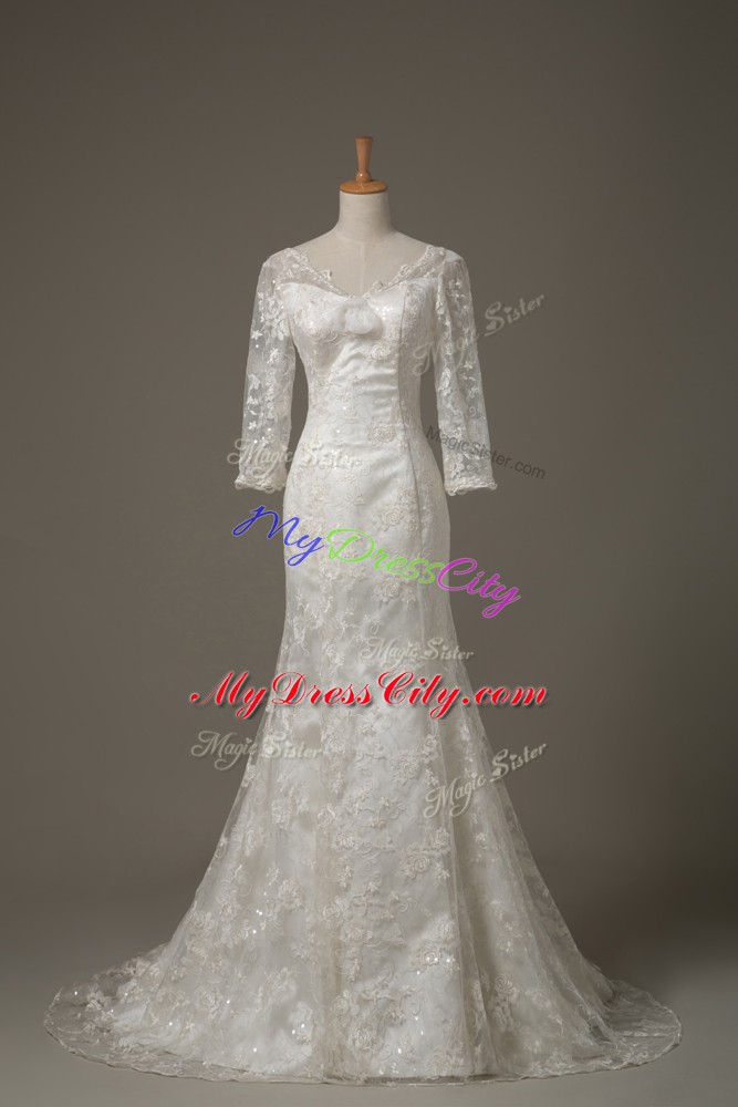 Admirable 3 4 Length Sleeve Lace and Hand Made Flower Lace Up Bridal Gown with White Brush Train