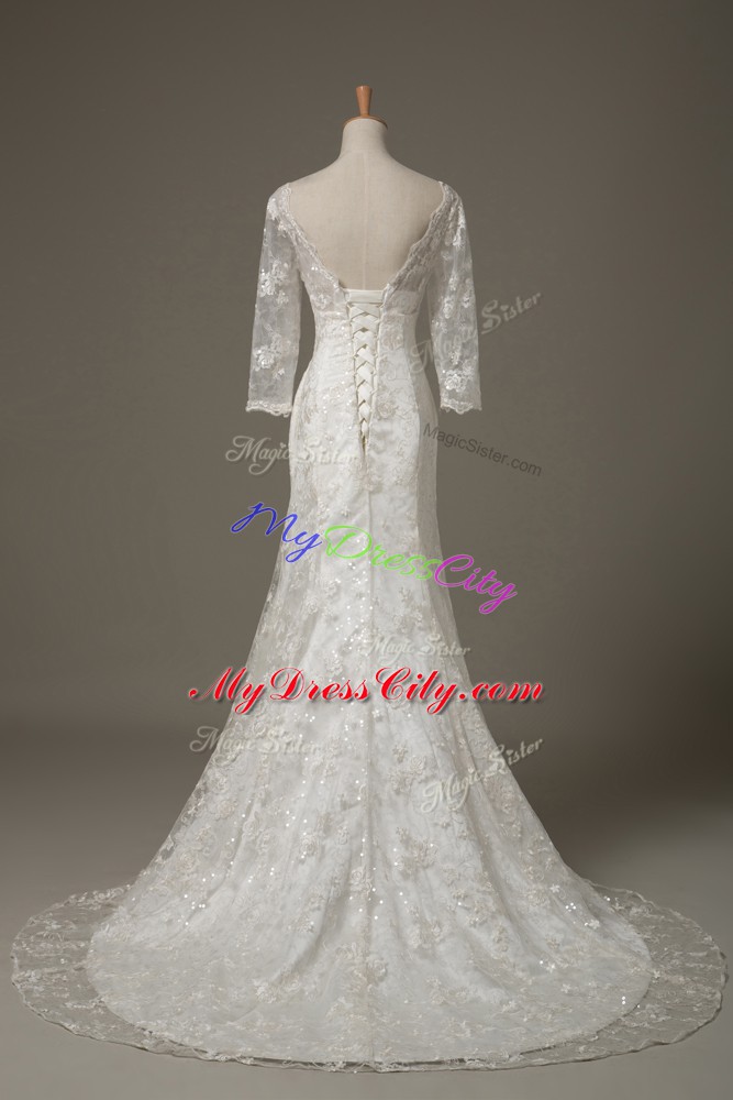 Admirable 3 4 Length Sleeve Lace and Hand Made Flower Lace Up Bridal Gown with White Brush Train