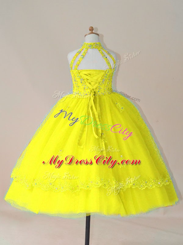 Yellow Ball Gowns Beading and Appliques Kids Formal Wear Lace Up Tulle Sleeveless Floor Length