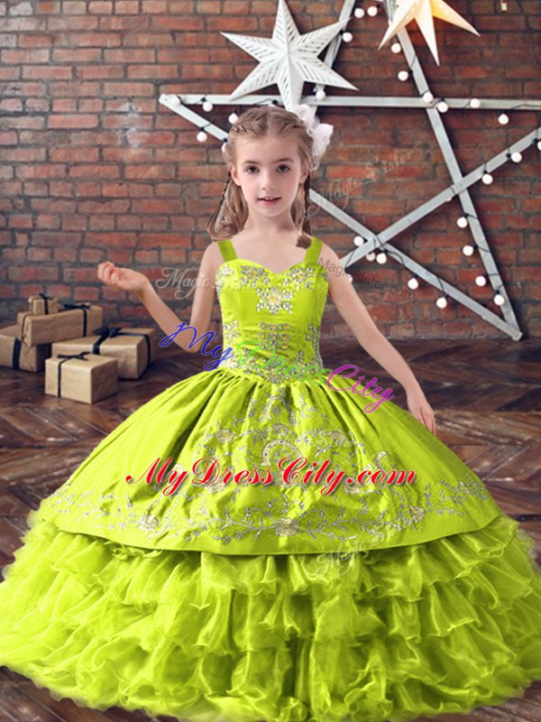 Yellow Green Satin and Organza Lace Up Straps Sleeveless Floor Length Little Girl Pageant Gowns Embroidery and Ruffled Layers