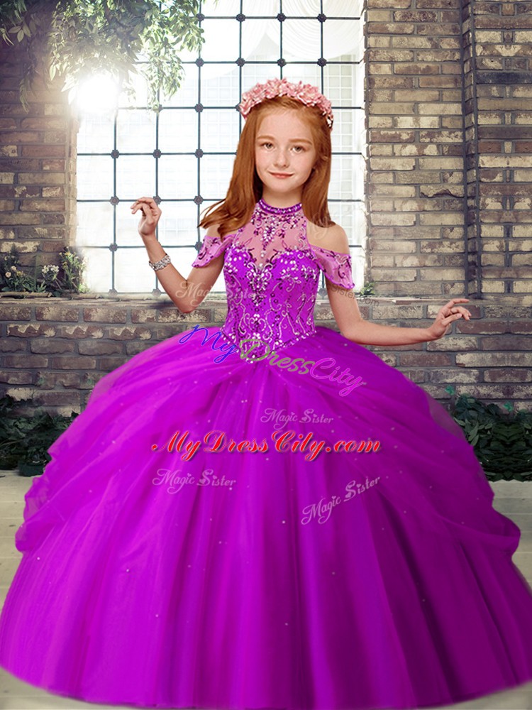 Discount Purple Tulle Lace Up High-neck Sleeveless Floor Length Little Girls Pageant Dress Beading