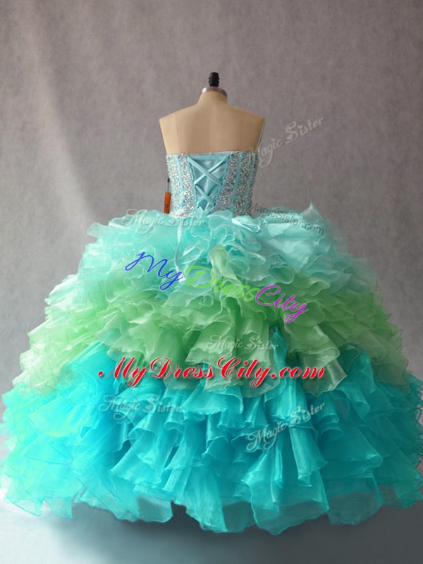 Multi-color Sleeveless Floor Length Beading and Ruffles Lace Up Sweet 16 Dresses